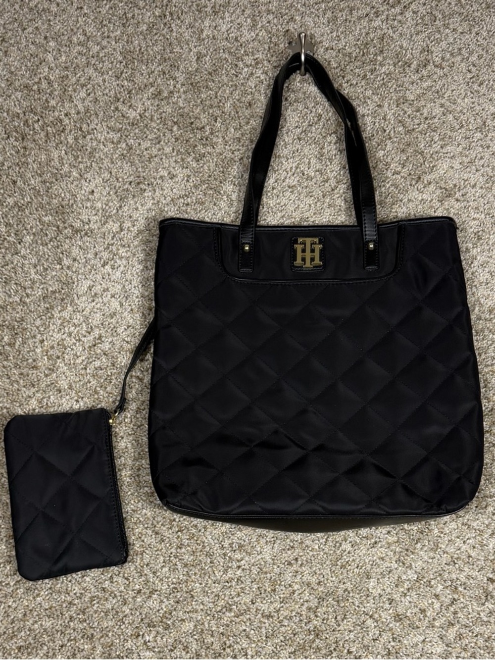 Tommy Hilfiger Black Quilted Tote with Matching Pouch
